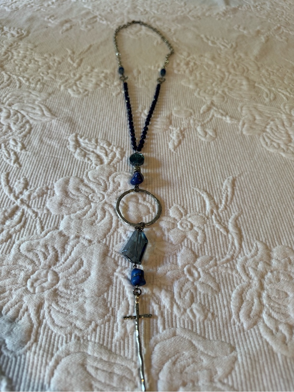 Unbranded Blue Beaded Cross Pendant Necklace